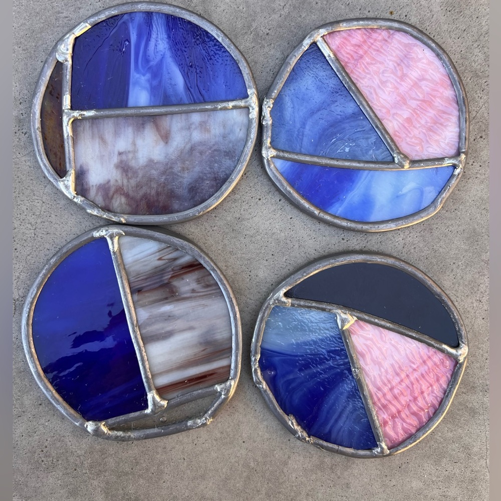 Set of 4 Stained Glass Coasters Round Leaded Suncatchers Blue Pink Vintage